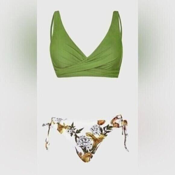 Cupshe Women’s Bikini Set Small Green Floral Print Two Piece Swimsuit Side Tie - Picture 4 of 8